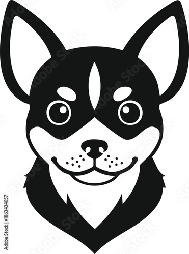 Minimalist Black and White Chihuahua Dog Head Vector Icon for Small Breed Pet Logo Design, Puppy Care Graphics, Animal Shelter Illustration, and Decorative Canine Portrait Isolated on White.