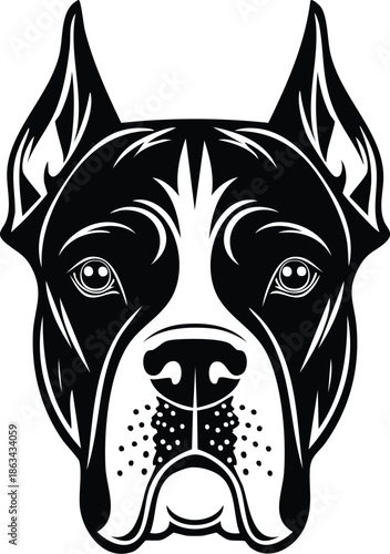 Strong Black and White Boxer Dog Head Portrait Vector Illustration for Guard Dog Security Branding, Pet Power Athletic Apparel, Canine Muscle Breed Logo, and Detailed Animal Mascot Icon Design.