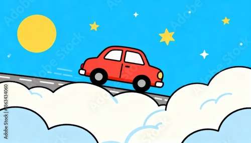 A whimsical illustration of a red car driving on a road through fluffy clouds under a bright blue sky with a sun and stars.