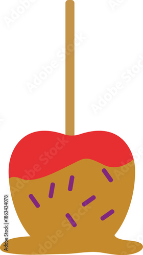 Caramel candy apple with red topping and purple sprinkles on a stick. Flat vector illustration of a sweet autumn fairground treat, carnival food, or Halloween snack isolated on white background.