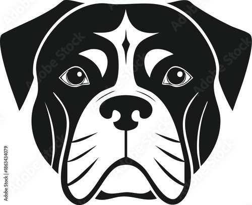 Stylized Boxer dog head portrait illustration. Black and white vector art of a purebred dog face for pet logos, animal lover graphics, canine mascot, or veterinary and kennel branding designs.