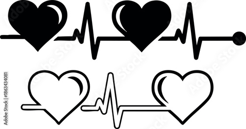 Heartbeat line with heart shapes vector design for medical and love themes black and white style