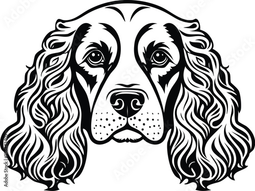 Detailed Cocker Spaniel dog head portrait illustration. Black and white vector line art of a long haired dog breed for pet grooming, canine profile, and animal lover graphic design projects.