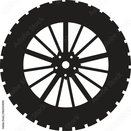 Black silhouette of a vehicle tire with rim and spokes. Car wheel icon with tread pattern isolated on white background for automotive, transport, garage service, and tire shop equipment symbols.