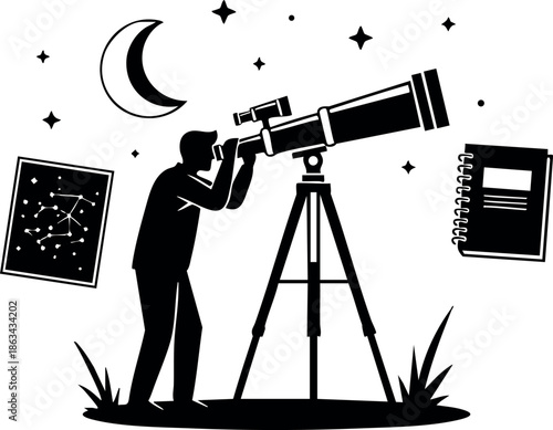 Man observing stars through telescope under crescent moon with book and star chart vector illustration