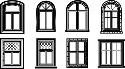 Set of eight classic vintage window frames with different arched and rectangular designs vector illustration