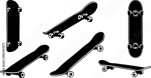 Skateboard black silhouette vector set showing multiple angles and positions for design use
