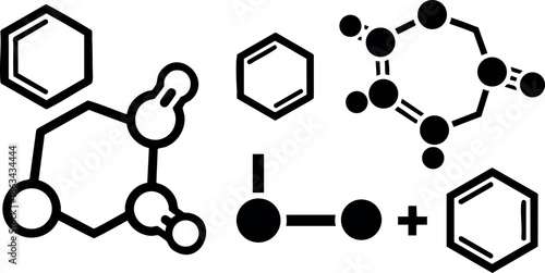 Chemical molecular structure icons representing benzene and other organic compounds in black line vector design