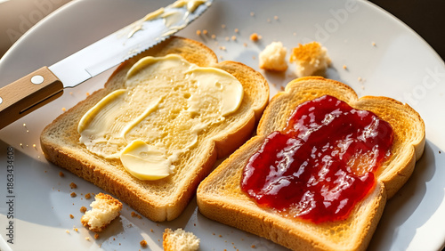 Toast with Butter and Jam on Plate.