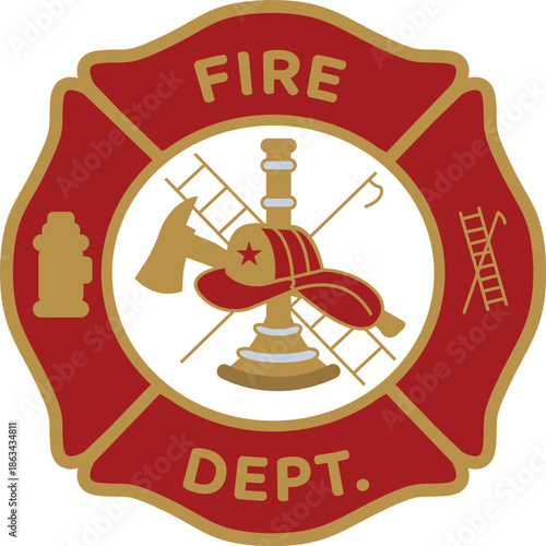Professional Fire Department Emblem Vector - Detailed Firefighter Logo featuring Helmet, Axes, Ladders, and Hydrant for First Responder, Hero, and Public Safety Identity and Graphic Design Projects.