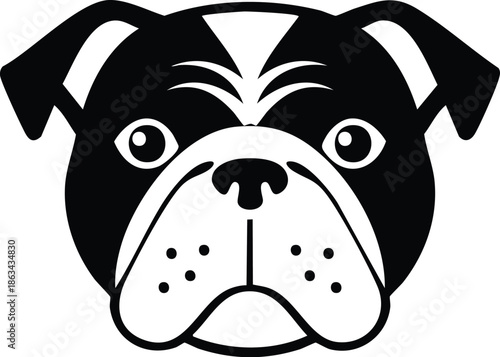 English Bulldog Head Vector Graphic - Strong Canine Face Illustration in Black and White for Sports Mascots, Pet Branding, and Animal Themed Apparel - Detailed Bulldog Breed Portrait Design.