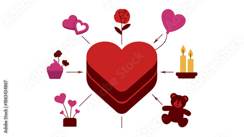 Love's Embrace: An array of romantic symbols, centered around a heart, symbolizing affection, passion, and the essence of love and romance.