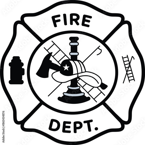 Fire Department Badge Emblem Vector Illustration Isolated on White Background, Fireman Shield Icon with Axe, Ladder, and Fire Hydrant Symbols for Emergency Services and First Responder Branding.