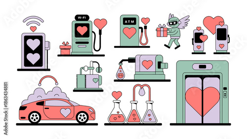 Love-Themed Icon Set: A vibrant collection of themed icons, illustrating love-related concepts, perfect for digital designs, web elements, or social media graphics. 