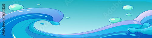 Abstract blue background design with water waves and ocean bubbles features a vector illustration of light curves and sea shapes for a modern wallpaper backdrop element