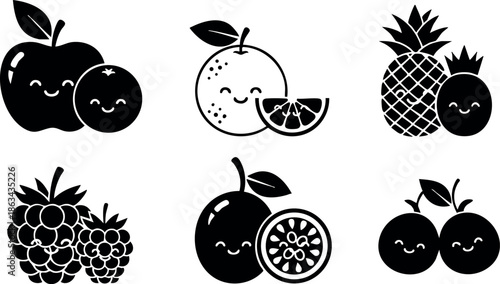 Cute happy black silhouette fruits including apple orange pineapple raspberry passion fruit and cherry vector icons set