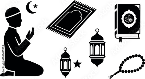 Muslim boy praying on prayer mat with lanterns, crescent moon, star, rosary beads, and Quran holy book silhouette vector illustration