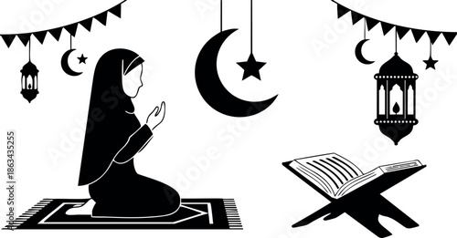 Muslim woman praying with holy Quran on prayer mat and hanging lanterns vector illustration