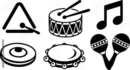 Percussion musical instruments vector set with drum triangle tambourine cymbals and maracas for music and rhythm designs