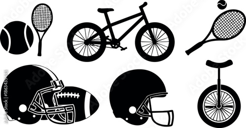 Sports equipment including bicycle tennis rackets helmets football and unicycle vector illustration