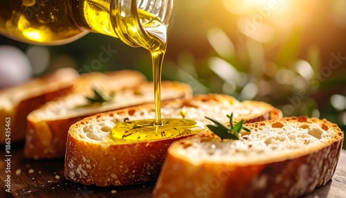 A close-up shows olive oil being poured over crusty bread slices. The light is golden, and rosemary rests on the bread