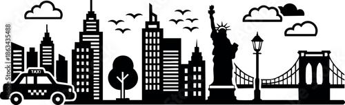 New York City skyline with Statue of Liberty and Brooklyn Bridge vector silhouette in black and white urban landscape design