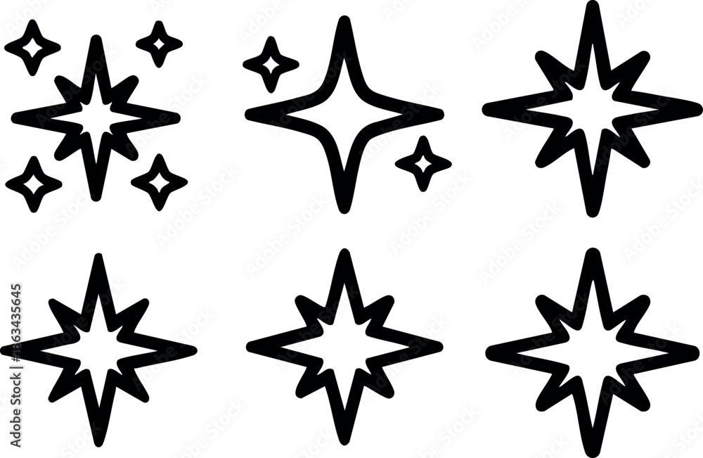 Obraz premium Various black star shapes vector set with sparkle and twinkle designs for decoration and graphic projects