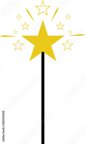 Magical Yellow Star Wand Vector Illustration with Sparkling Stars and Black Handle, Cute Fantasy Fairy Tale Graphic for Kids Party Invitations, Wizard Designs, and Magic Themed Decorations