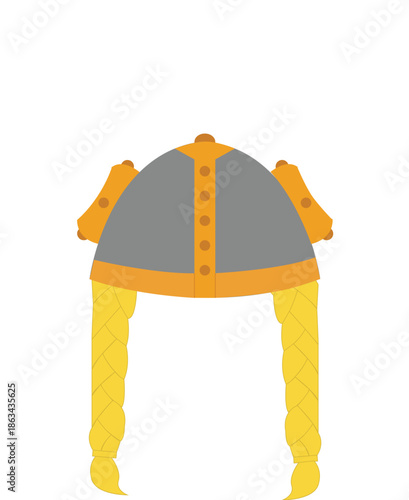 Cute Flat Vector Illustration of a Traditional Grey and Orange Viking Helmet with Horns and Long Blonde Braids, Perfect for Nordic History Designs, Mascot Branding, and Fantasy Roleplay Costumes