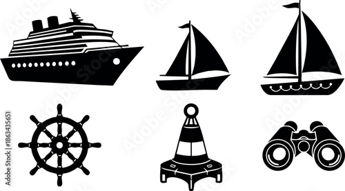 Nautical icons collection with cruise ship sailboats helm buoy and binoculars vector set