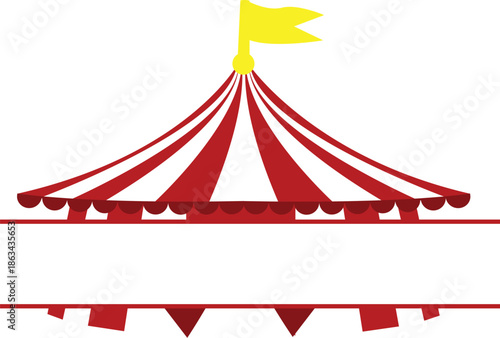 Red and White Striped Circus Tent with Horizontal Text Ribbon - Festive Carnival Big Top Vector Illustration for Fair Invitations, Party Announcements, and Event Branding Templates