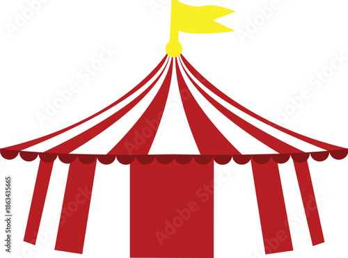 Classic Red and White Striped Circus Tent Vector Illustration - Traditional Carnival Big Top Icon for Festivals, Fairs, and Entertainment Branding - Festive Event Shelter with Yellow Flag