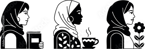 Muslim women wearing hijabs holding book, drinking coffee, and holding flower in black and white vector illustration