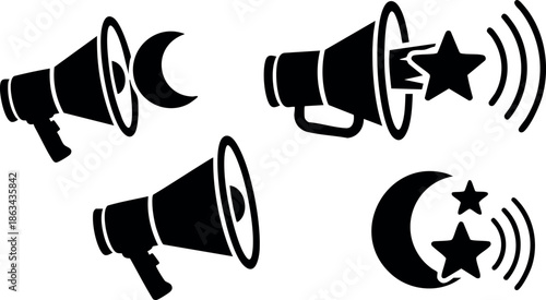 Megaphone sound icons with moon and star shapes black vector design for communication and announcement purposes
