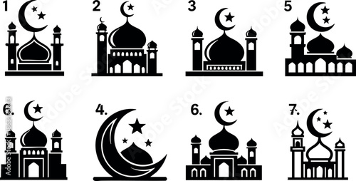 Islamic mosque icon set with crescent moon and star vector collection for religious design and cultural symbolism