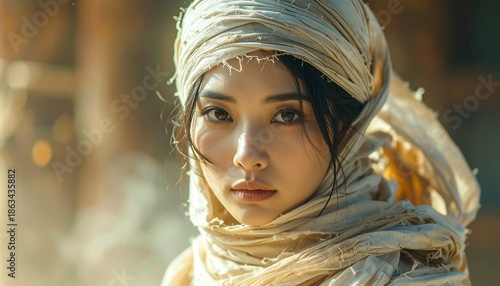 A close-up shot of a young woman's face, partially obscured by a light-colored head wrap, facing the viewer directly
