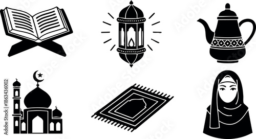 Islamic symbols vector set with mosque lantern Quran prayer rug teapot and woman in hijab icons