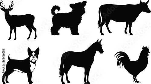 Domestic and Wild Animal Silhouettes Vector Illustration Set, Deer Dog Cow Horse Rooster Icons, Black Flat Design Isolated on White Background