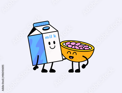 Smiling milk carton and cereal bowl with cute faces. Perfect for breakfast themes, kids food designs, nutrition concepts, and playful character illustrations cartoon vector hand drawn style
