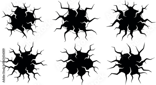 Cracked hole damage effect six vector icons black isolated on white background realistic style