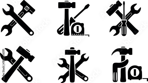 Construction tools vector icons with wrench hammer screwdriver and tape measure design set