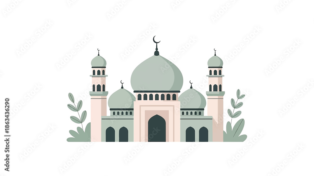 Fototapeta premium Minimal Mosque Illustration with Plants Flat Vector Design