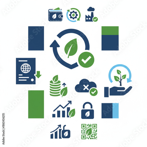 Sustainable business iconsheet featuring cost analysis and environmental impact graphics