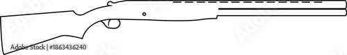Simple black and white line art outline of a pump-action shotgun or hunting rifle, representing firearms, hunting sports, outdoor recreation, shooting ranges, and weapon safety concepts.