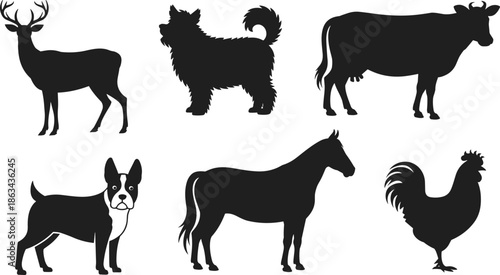 Farm and Wild Animal Silhouettes Vector Illustration Set, Deer Dog Cow Horse Rooster Icons, Black Flat Design Isolated on White Background