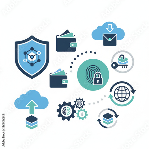 Modern digital security icon collection illustrating data protection, secure online transactions, cloud services, biometric authentication, and global network safety