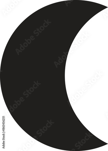 Solid black silhouette of a crescent moon isolated on a white background, representing nighttime, astronomy, lunar cycles, sleep, dreams, space, astrology, and minimalist night sky graphics.