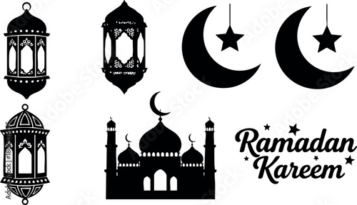 Islamic Ramadan Kareem symbols with crescent moons mosque and lanterns vector design for celebration decoration