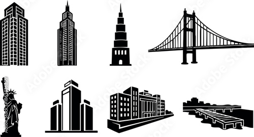 Iconic New York City landmarks vector set including Statue of Liberty, Empire State Building, Brooklyn Bridge and skyscrapers