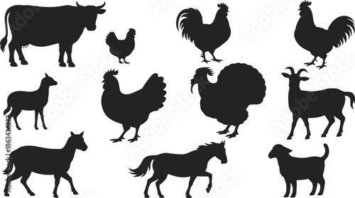 Farm animal silhouette vector collection, cow, goat, horse, sheep, rooster, hen, turkey, black and white livestock illustration set for stock design